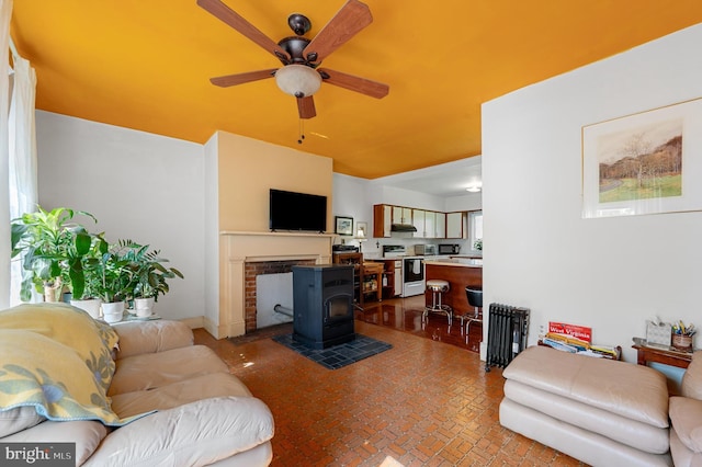 living room with a healthy amount of sunlight, a wood stove, and ceiling fan