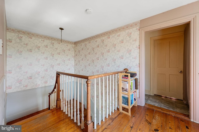 staircase with hardwood / wood-style floors