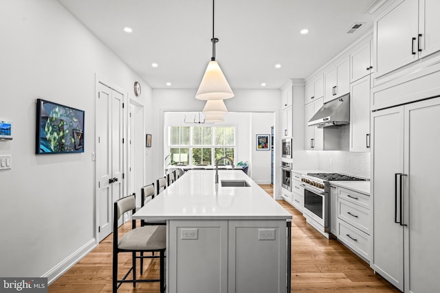 kitchen with pendant lighting, high end appliances, light hardwood / wood-style flooring, and a kitchen island with sink