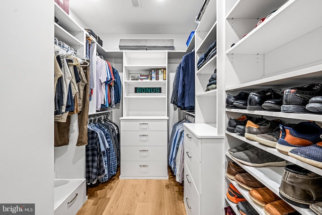 spacious closet with light hardwood / wood-style floors