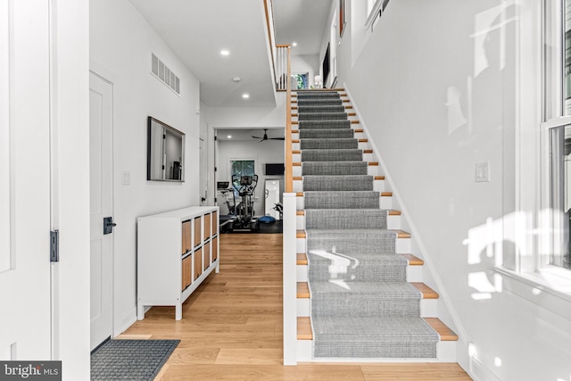 staircase featuring ceiling fan and hardwood / wood-style flooring