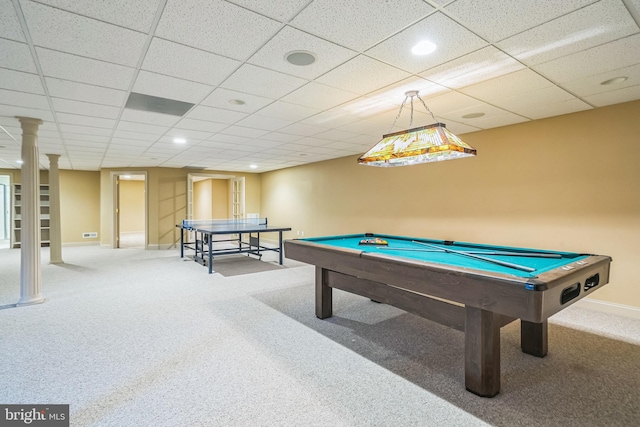 game room featuring a drop ceiling, carpet, and billiards