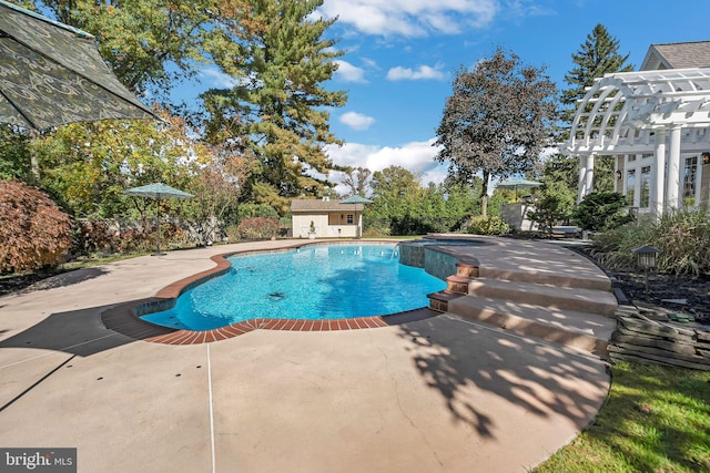 view of swimming pool featuring a pergola and a patio