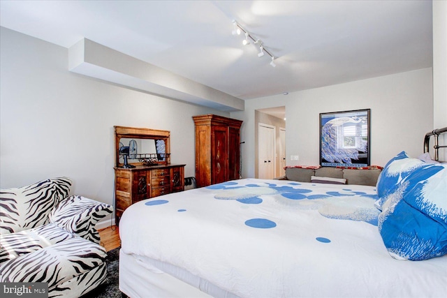 bedroom featuring wood-type flooring, track lighting, and a closet