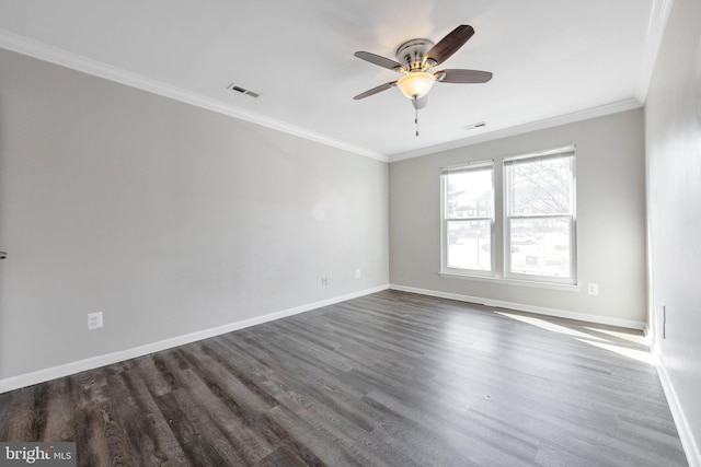 spare room with crown molding, dark hardwood / wood-style flooring, and ceiling fan