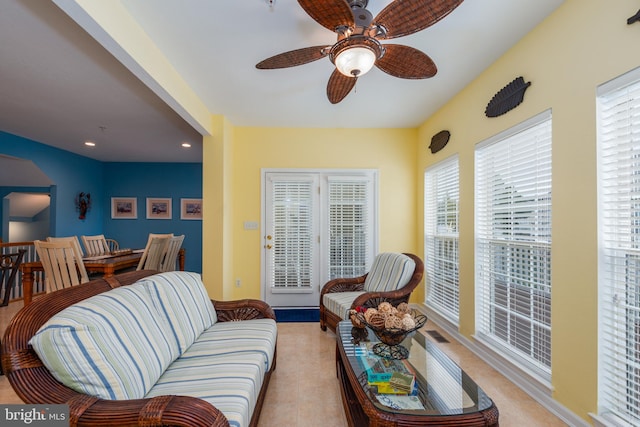 living room with ceiling fan