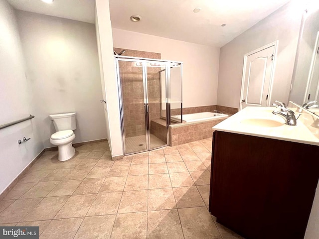 full bathroom with separate shower and tub, vanity, toilet, and tile patterned floors