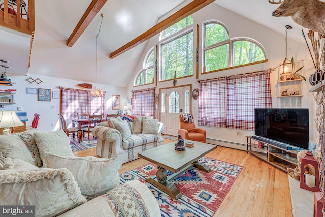 living room featuring a baseboard heating unit, high vaulted ceiling, beam ceiling, hardwood / wood-style flooring, and a chandelier