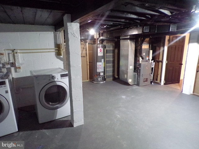 basement with gas water heater and heating unit