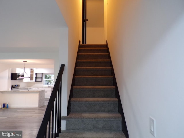 stairway featuring hardwood / wood-style flooring and sink