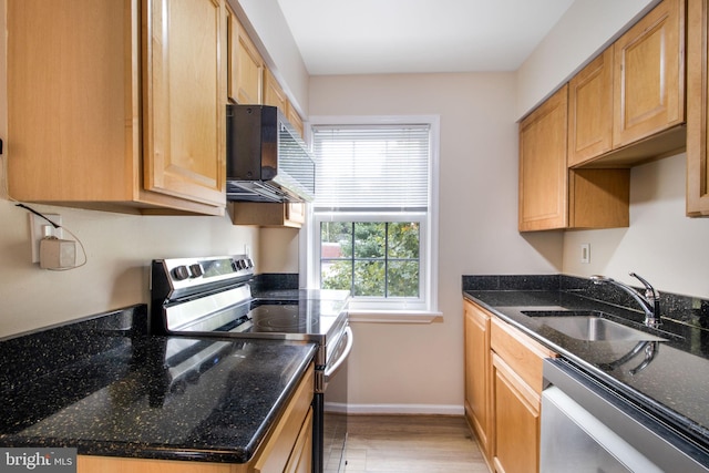 kitchen with light wood-style floors, dark stone counters, appliances with stainless steel finishes, a sink, and baseboards