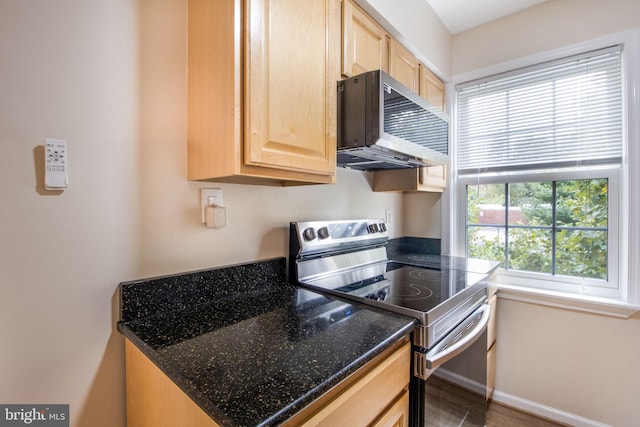 kitchen with appliances with stainless steel finishes, dark wood-type flooring, dark stone countertops, and light brown cabinetry