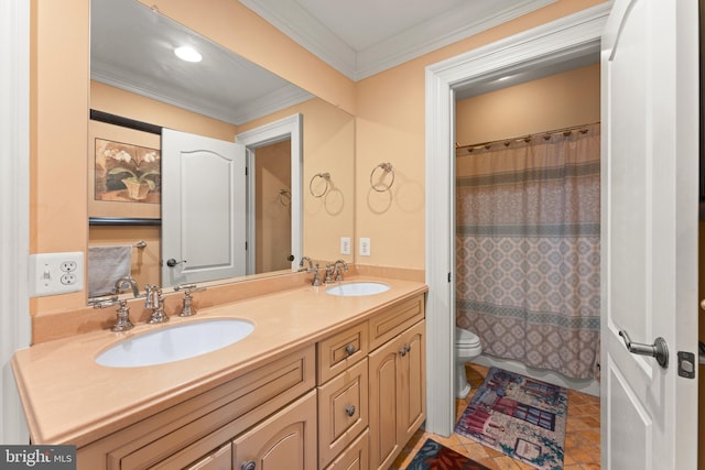 bathroom featuring vanity, tile patterned floors, walk in shower, crown molding, and toilet