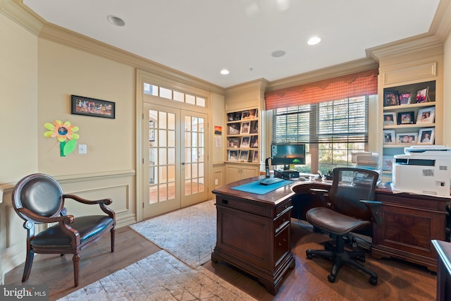 office space with crown molding, recessed lighting, french doors, built in features, and wood finished floors