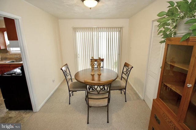 carpeted dining area with sink