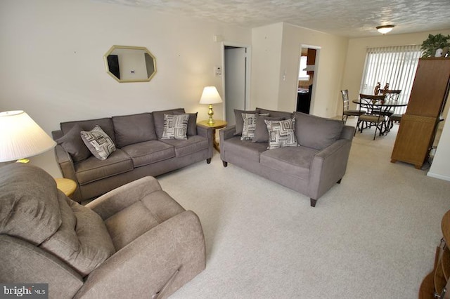 living room featuring a textured ceiling and light colored carpet