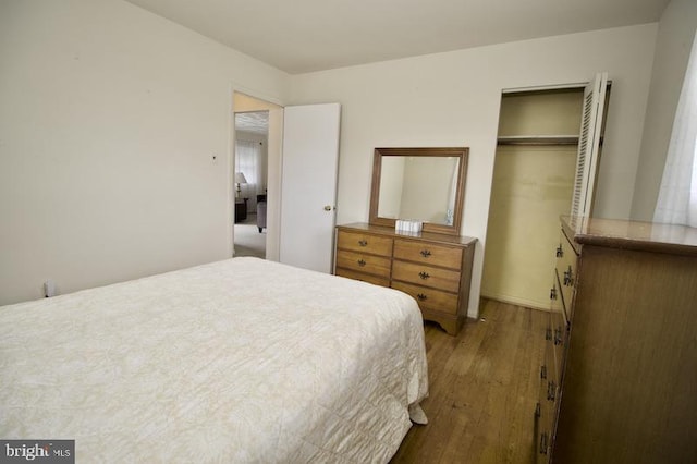 bedroom with wood-type flooring and a closet