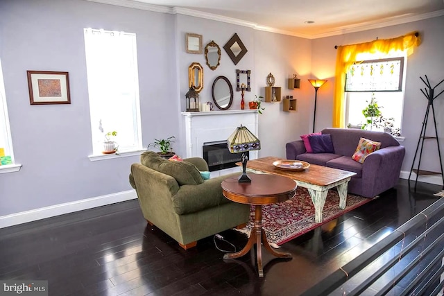 living room with dark hardwood / wood-style flooring and ornamental molding