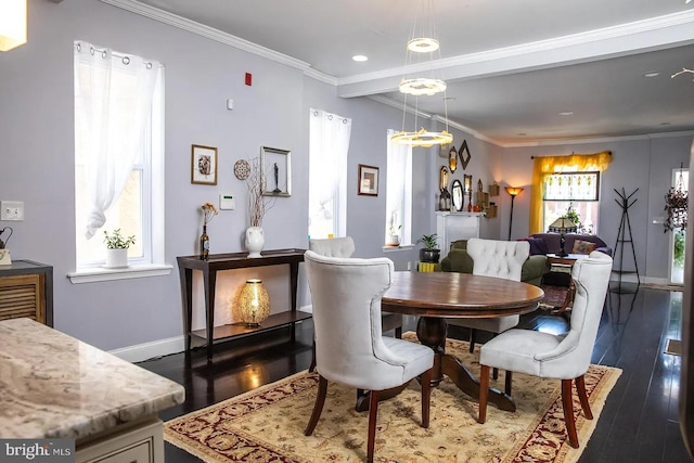 dining space with ornamental molding and dark wood-type flooring