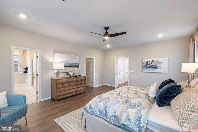 bedroom featuring ceiling fan and dark wood-type flooring