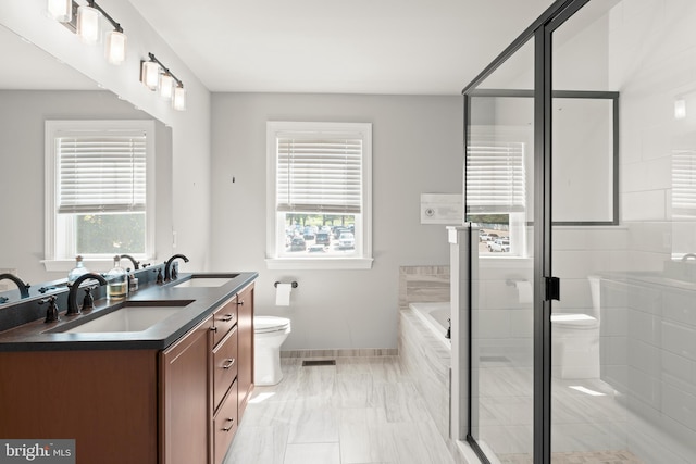 full bathroom featuring vanity, toilet, and a healthy amount of sunlight