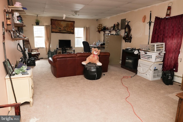 living room with a drop ceiling, light colored carpet, and baseboard heating