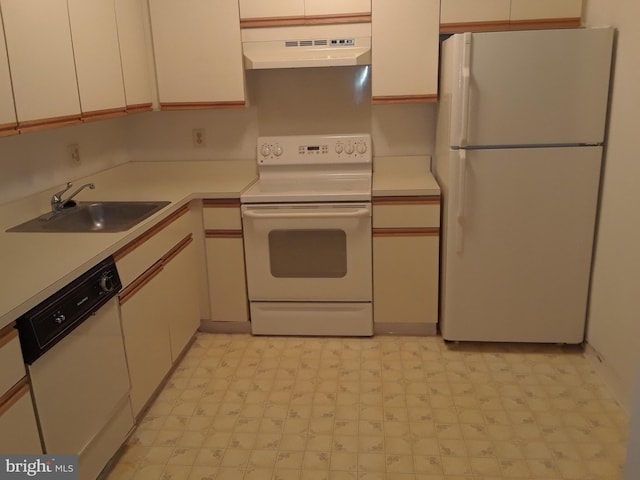 kitchen with white appliances, white cabinetry, sink, and range hood