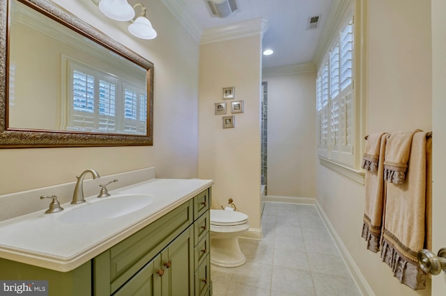 bathroom featuring walk in shower, tile patterned floors, toilet, ornamental molding, and vanity