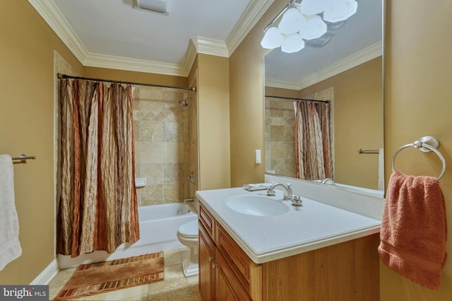 full bathroom featuring tile patterned floors, toilet, ornamental molding, vanity, and shower / bath combo