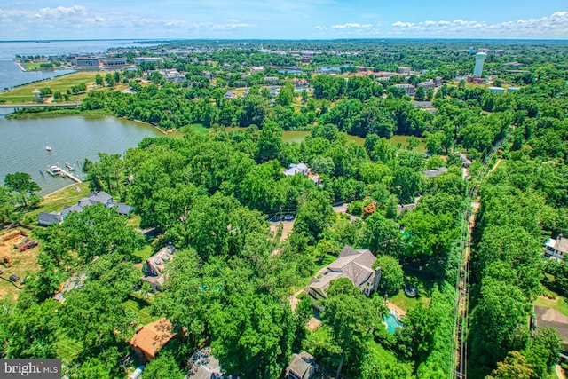 birds eye view of property featuring a water view