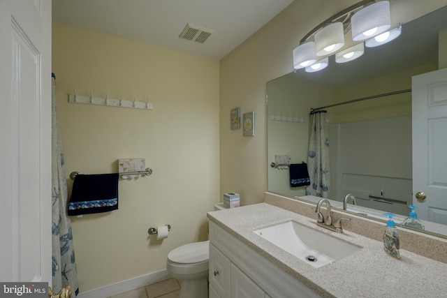 bathroom featuring tile patterned flooring, vanity, toilet, and a shower with curtain