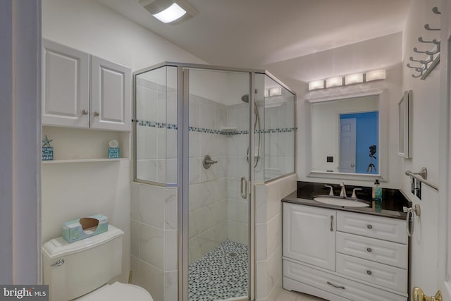 bathroom featuring a shower with door, vanity, and toilet