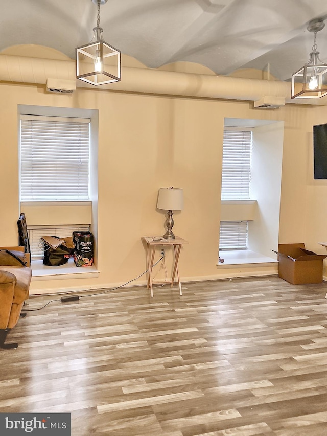 interior space with wood-type flooring and vaulted ceiling