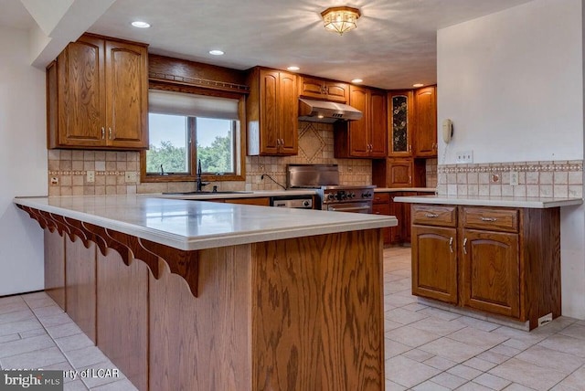 kitchen with backsplash, high end range, sink, and kitchen peninsula