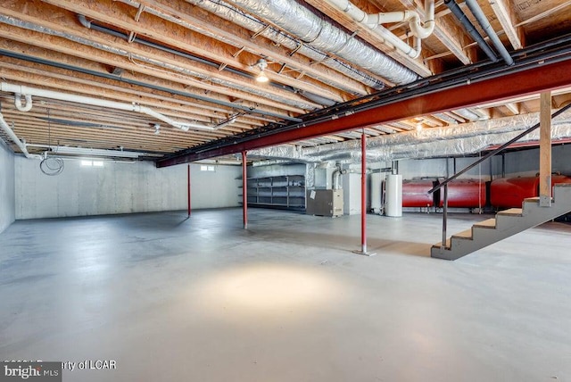 basement with heating unit and water heater