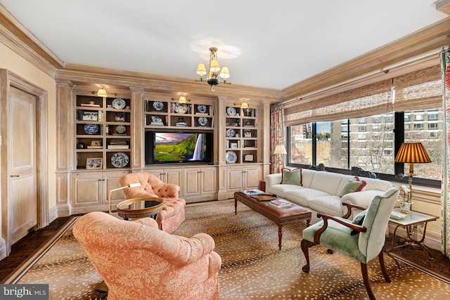 living room featuring an inviting chandelier, built in shelves, dark hardwood / wood-style flooring, and crown molding