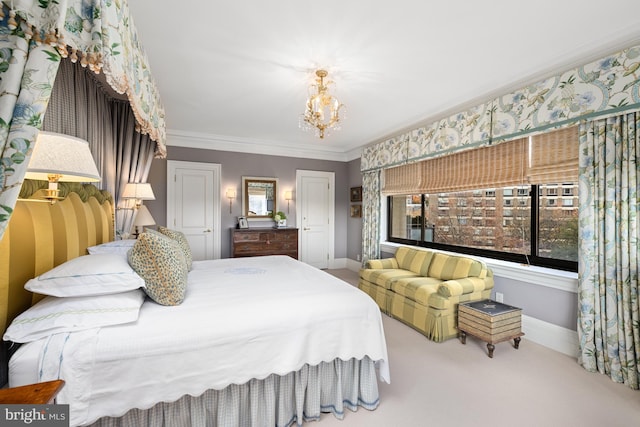 carpeted bedroom featuring an inviting chandelier and crown molding