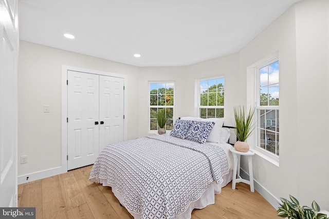 bedroom featuring hardwood / wood-style floors and a closet