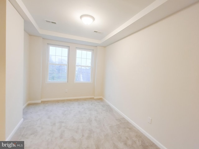 carpeted spare room with a raised ceiling