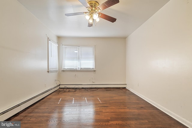 empty room with a baseboard radiator, dark hardwood / wood-style floors, and ceiling fan