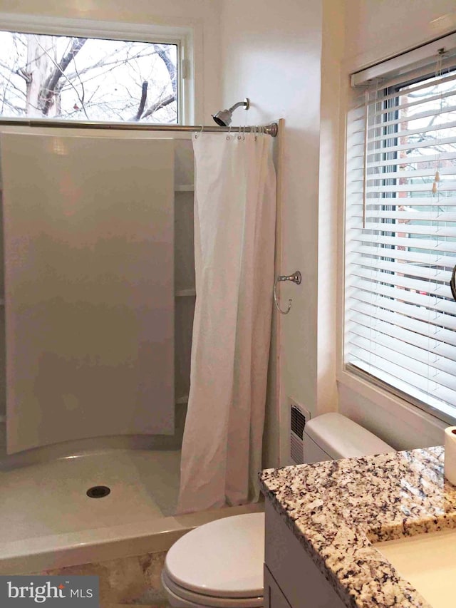 bathroom with a healthy amount of sunlight, vanity, toilet, and a shower with curtain