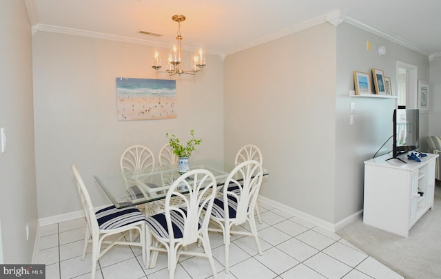 tiled dining room featuring crown molding and an inviting chandelier