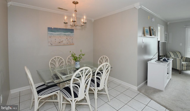 tiled dining space with a notable chandelier and crown molding