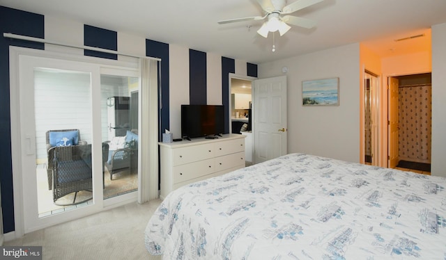 bedroom with light carpet, ceiling fan, and access to exterior