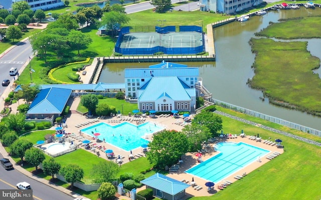 drone / aerial view with a water view