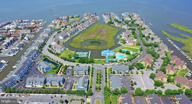 bird's eye view with a water view