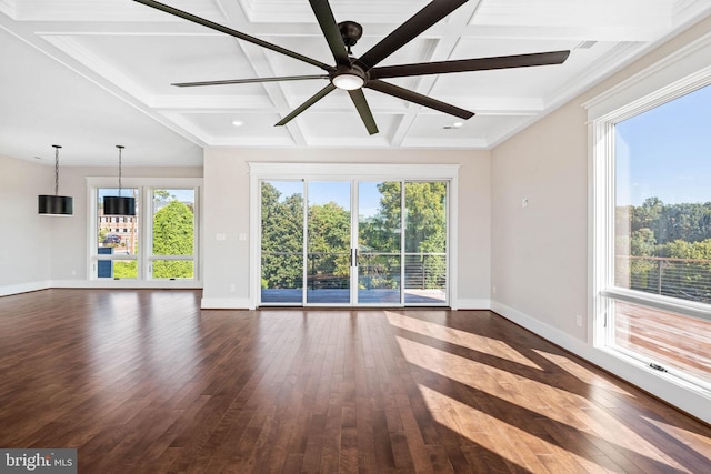 unfurnished living room with coffered ceiling, dark hardwood / wood-style floors, beam ceiling, and ceiling fan