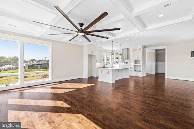 unfurnished living room featuring ceiling fan, dark hardwood / wood-style floors, beam ceiling, and coffered ceiling