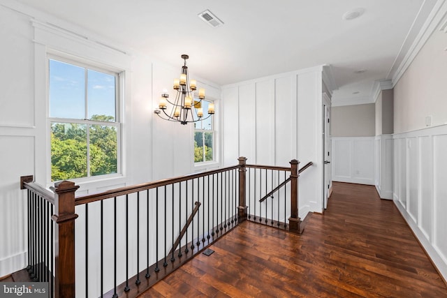 hallway featuring dark hardwood / wood-style floors, ornamental molding, and plenty of natural light