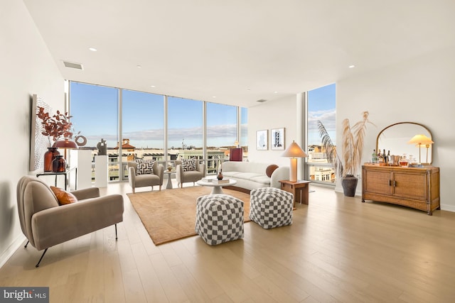 living room featuring light hardwood / wood-style floors and floor to ceiling windows